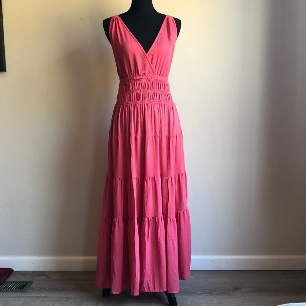 Coral Plunge Neckline Maxi Dress